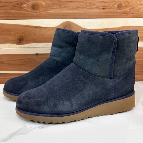 UGG Women's Classic Kristin Wedge Ankle Boots Suede Sheepskin Blue Size 12 - Picture 1 of 11